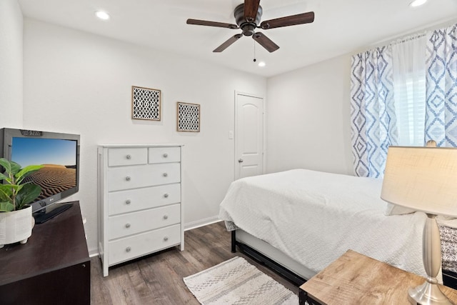 153 Proclamation Ave, Liberty Hill, TX 78642 - bedroom featuring recessed lighting, wood finished floors, a ceiling fan, and baseboards