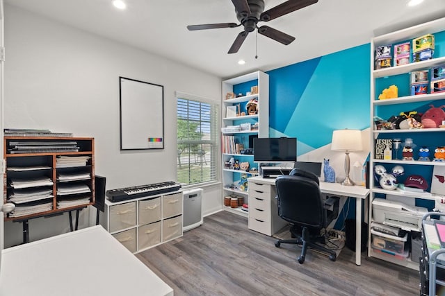 153 Proclamation Ave, Liberty Hill, TX 78642 - home office with ceiling fan, wood finished floors, and recessed lighting