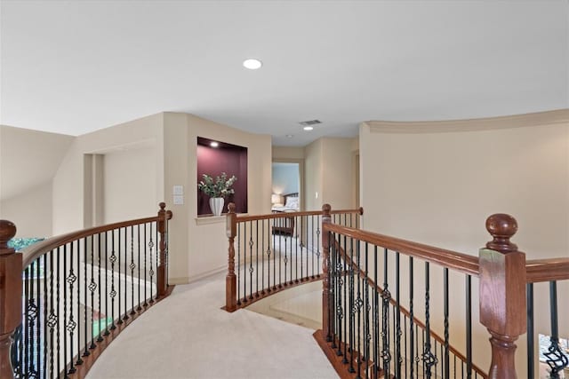 2418 Silent Brook Trl, Round Rock, TX 78665 - hall featuring an upstairs landing, carpet, and recessed lighting