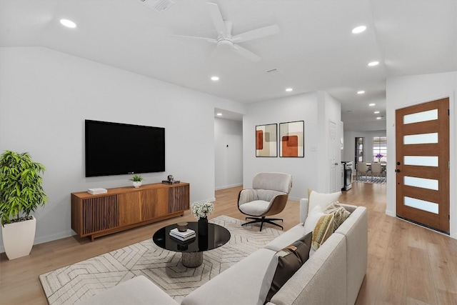 8121 Almondsbury Ln, Austin, TX 78748 - living room featuring recessed lighting, light wood finished floors, baseboards, and a ceiling fan