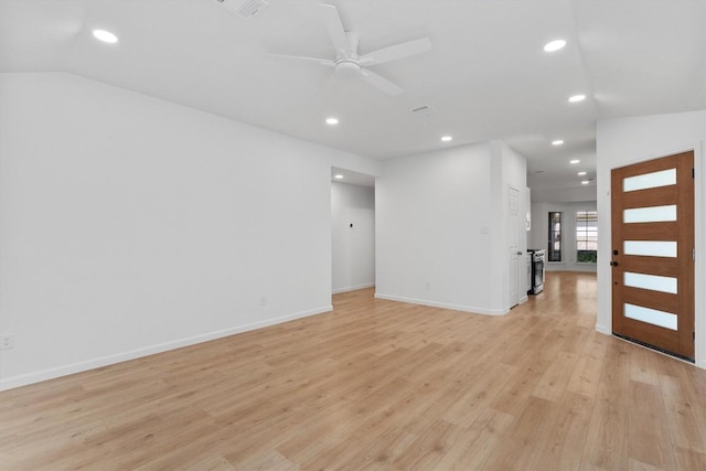 8121 Almondsbury Ln, Austin, TX 78748 - unfurnished room featuring recessed lighting, light wood-style floors, ceiling fan, baseboards, and lofted ceiling