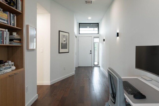 entrance foyer with baseboards, visible vents, recessed lighting, and dark wood finished floors