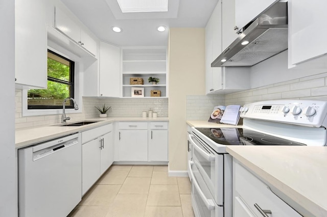 7313 Grover Ave, Austin, TX 78757 - kitchen featuring white appliances, under cabinet range hood, white cabinets, open shelves, and recessed lighting