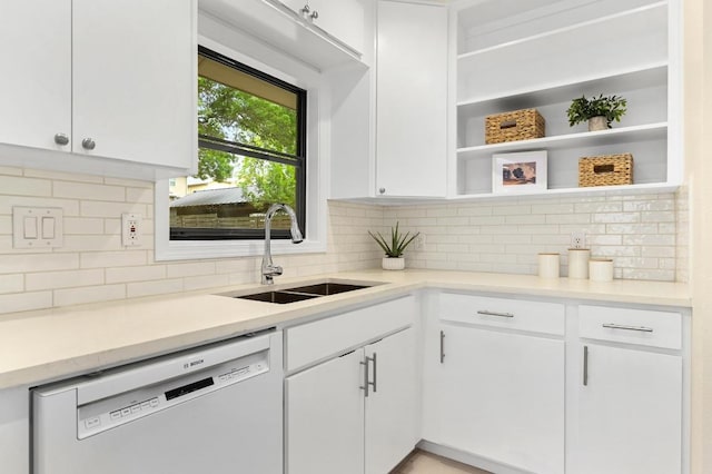 7313 Grover Ave, Austin, TX 78757 - kitchen featuring dishwasher, white cabinetry, decorative backsplash, open shelves, and light countertops