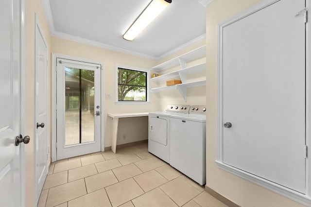 7313 Grover Ave, Austin, TX 78757 - laundry area with separate washer and dryer, light tile patterned floors, and crown molding