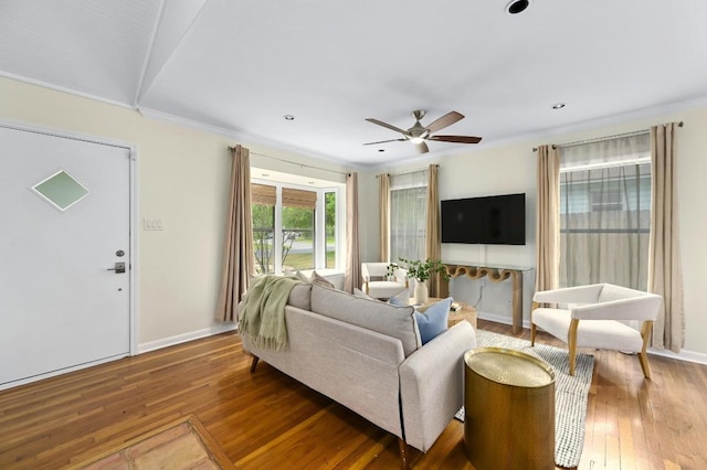7313 Grover Ave, Austin, TX 78757 - living room with hardwood / wood-style floors, a ceiling fan, crown molding, and recessed lighting