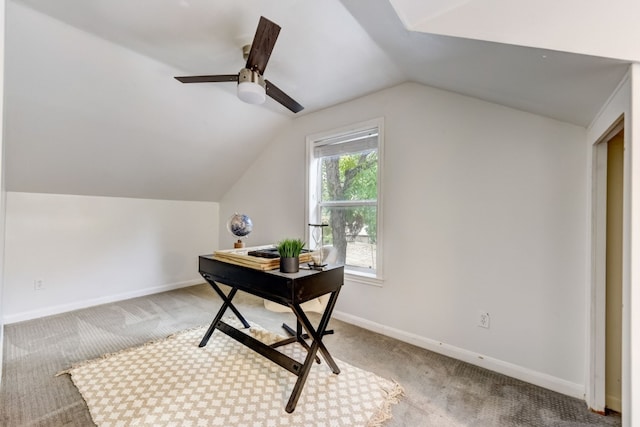 1606 W 14th St, Austin, TX 78703 - home office with vaulted ceiling, carpet flooring, ceiling fan, and baseboards