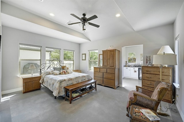 19908 Victoria Chase Rd, Lago Vista, TX 78645 - bedroom featuring lofted ceiling, concrete flooring, recessed lighting, and a ceiling fan