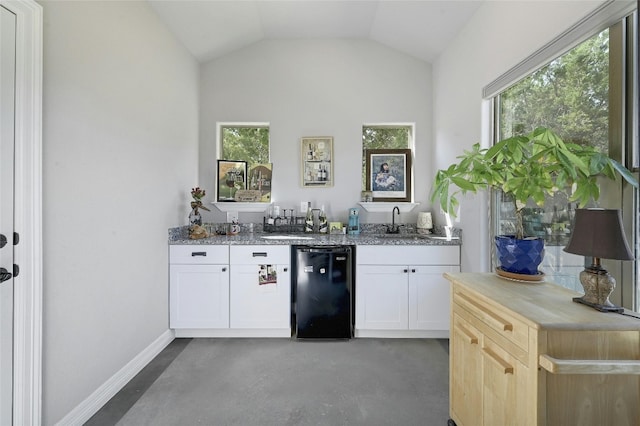 19908 Victoria Chase Rd, Lago Vista, TX 78645 - indoor wet bar featuring finished concrete flooring, plenty of natural light, lofted ceiling, and black dishwasher