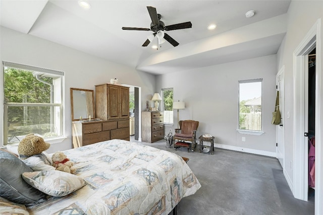 19908 Victoria Chase Rd, Lago Vista, TX 78645 - bedroom featuring concrete flooring, recessed lighting, and ceiling fan