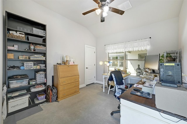 19908 Victoria Chase Rd, Lago Vista, TX 78645 - carpeted office featuring ceiling fan and lofted ceiling