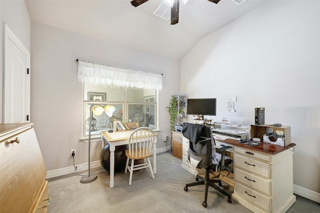 19908 Victoria Chase Rd, Lago Vista, TX 78645 - office space with vaulted ceiling, a ceiling fan, and light colored carpet