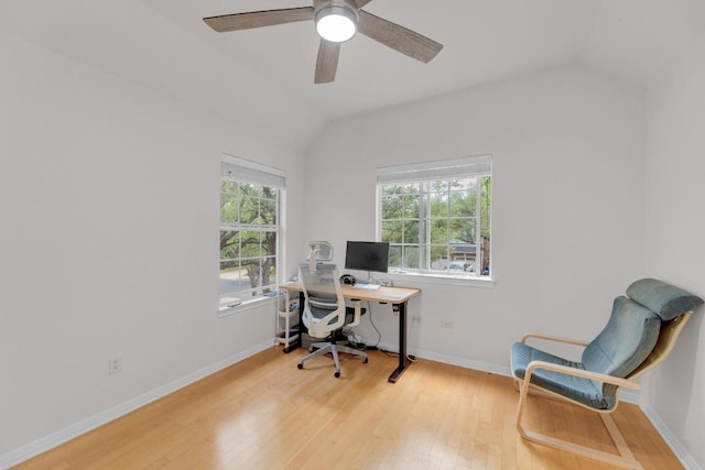 10020 Lachlan Dr, Austin, TX 78717 - office area with ceiling fan, lofted ceiling, hardwood / wood-style floors, and a wealth of natural light
