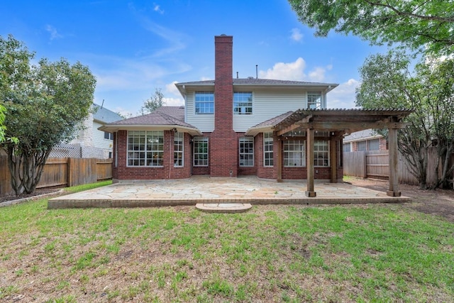 10020 Lachlan Dr, Austin, TX 78717 - back of house with a pergola, a chimney, a yard, and a patio area