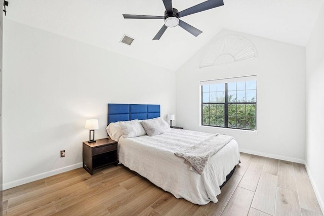 6610 Mesa Hollow Dr, Austin, TX 78750 - bedroom featuring baseboards, wood finished floors, high vaulted ceiling, and a ceiling fan