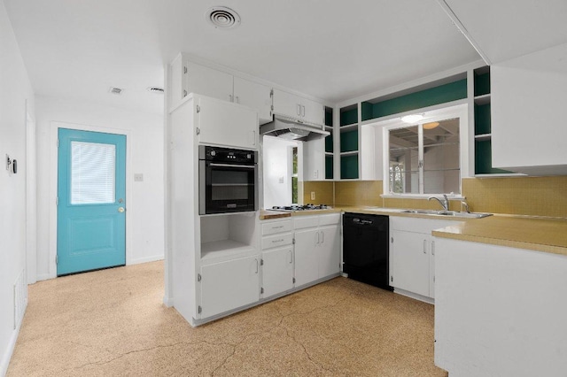 kitchen featuring under cabinet range hood, open shelves, backsplash, a sink, and black appliances