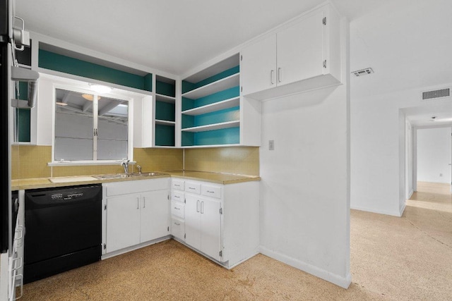 kitchen featuring white cabinets, a sink, tasteful backsplash, visible vents, and dishwasher