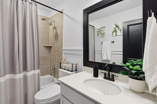 full bath featuring toilet, vanity, and shower / bathtub combination with curtain