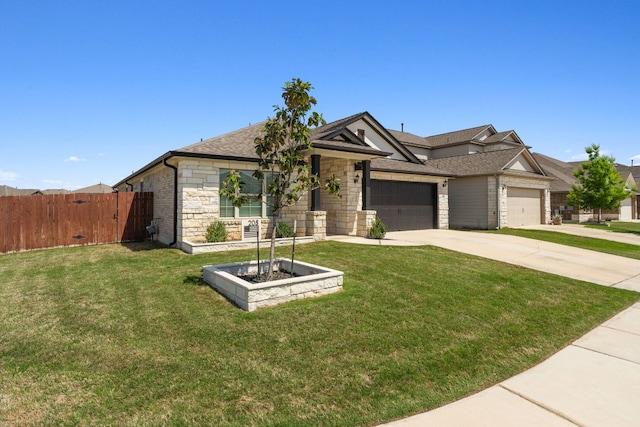 ranch-style home with concrete driveway, an attached garage, stone siding, and a front lawn