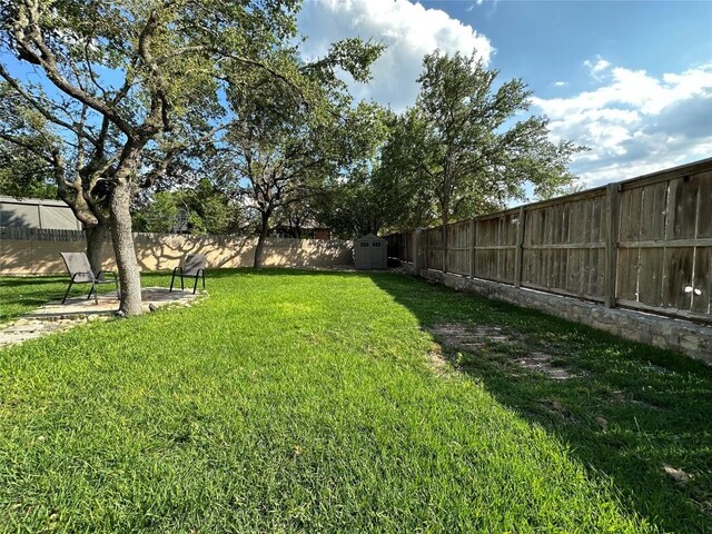 view of yard featuring a fenced backyard, a storage unit, and an outbuilding