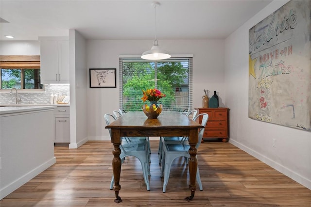 dining room featuring light wood-type flooring, a wealth of natural light, and baseboards