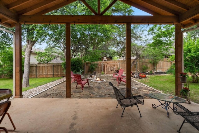 view of patio / terrace featuring a fenced backyard and an outdoor fire pit