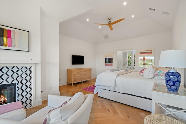 4014 Walnut Clay Dr, Austin, TX 78731 - bedroom with recessed lighting, a fireplace, vaulted ceiling, and ceiling fan