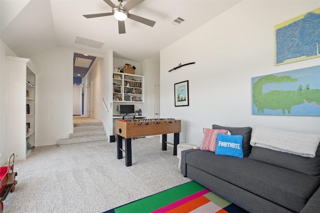 4014 Walnut Clay Dr, Austin, TX 78731 - playroom featuring carpet floors, ceiling fan, and vaulted ceiling