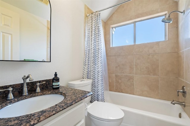 4014 Walnut Clay Dr, Austin, TX 78731 - bathroom featuring vanity, shower / bathtub combination with curtain, and lofted ceiling