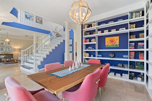 4014 Walnut Clay Dr, Austin, TX 78731 - dining space featuring decorative columns, stairway, a chandelier, ornamental molding, and built in shelves