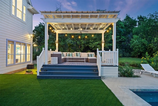 4014 Walnut Clay Dr, Austin, TX 78731 - view of patio / terrace featuring a wooden deck, an outdoor living space, a ceiling fan, and an outdoor pool
