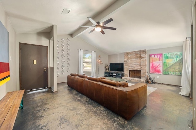 living room featuring concrete flooring, visible vents, a ceiling fan, and vaulted ceiling with beams