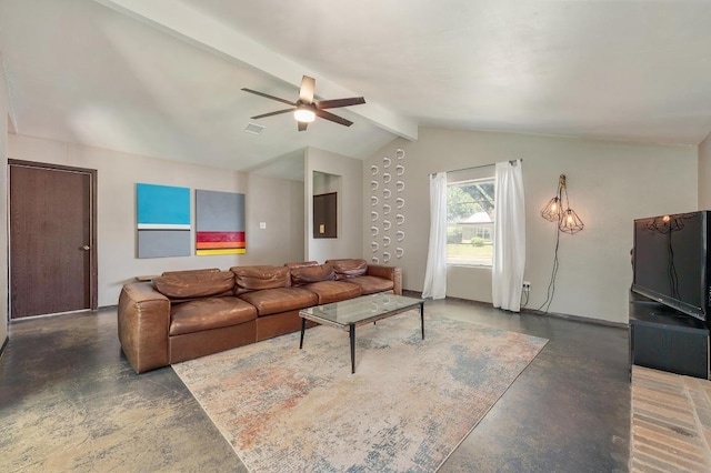 living room featuring visible vents, vaulted ceiling with beams, a ceiling fan, and concrete flooring