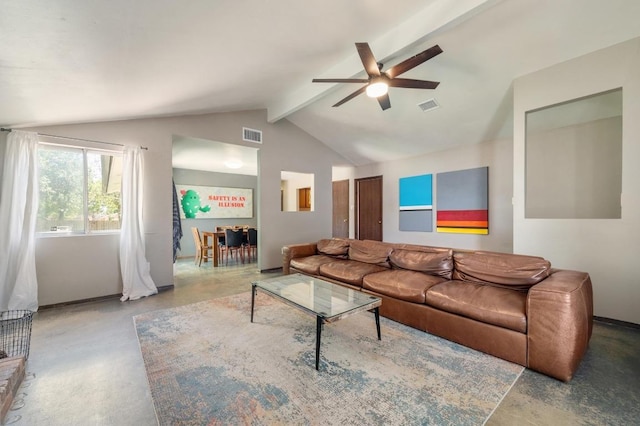 living area with visible vents, a ceiling fan, vaulted ceiling with beams, baseboards, and concrete floors