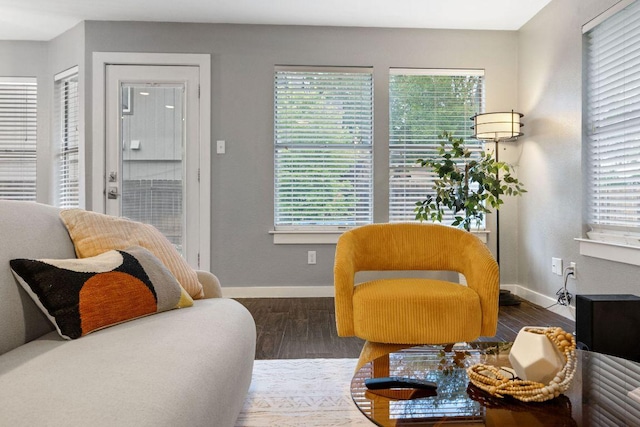 living area featuring plenty of natural light, wood finished floors, and baseboards