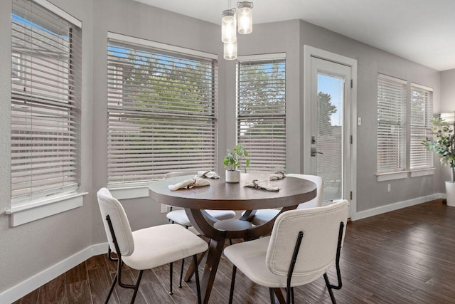 dining space with plenty of natural light, wood finished floors, and baseboards