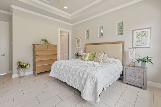 bedroom with marble finish floor, baseboards, ornamental molding, and recessed lighting