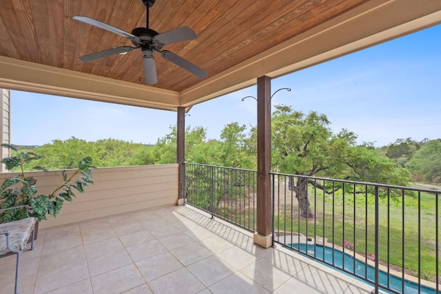 view of patio featuring ceiling fan, a fenced in pool, and a balcony