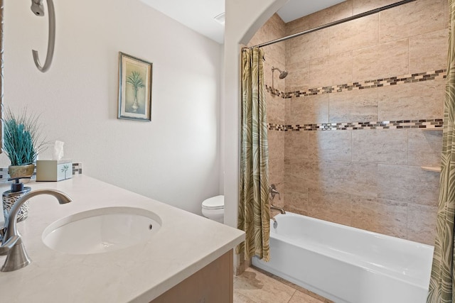 full bathroom with toilet, shower / bathtub combination with curtain, vanity, and tile patterned flooring