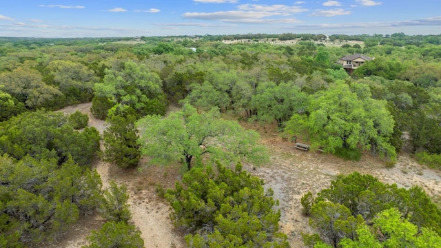 bird's eye view with a wooded view