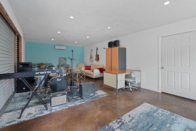 16016 Palomino Ranch Dr, Leander, TX 78641 - living area with concrete flooring, a desk, recessed lighting, and a wall unit AC