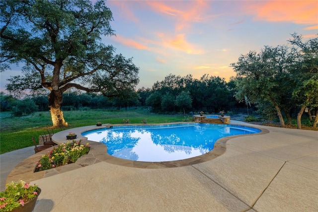 16016 Palomino Ranch Dr, Leander, TX 78641 - pool at dusk with a patio area, an outdoor pool, and a yard