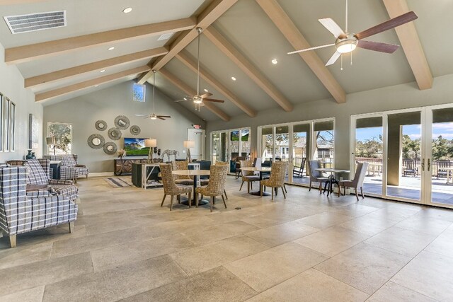 100 Red Rose Dr, Georgetown, TX 78628 - dining room featuring ceiling fan, high vaulted ceiling, beam ceiling, french doors, and recessed lighting