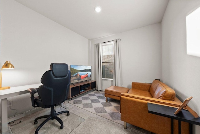 370 Grace Lilly Dr, Buda, TX 78610 - office area with carpet flooring, vaulted ceiling, and recessed lighting