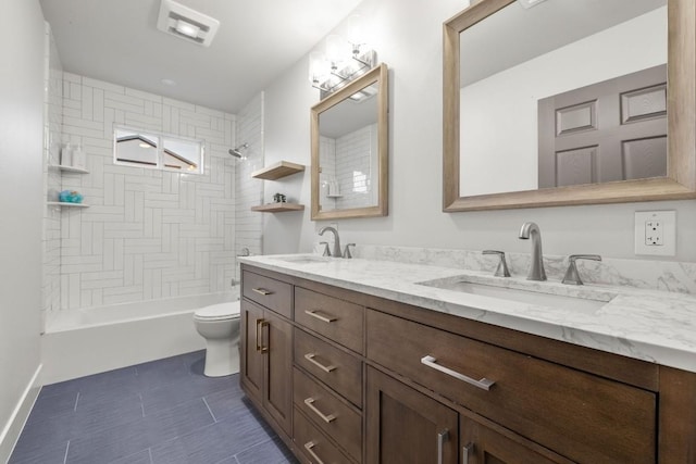 full bathroom with double vanity, visible vents, toilet, and a sink