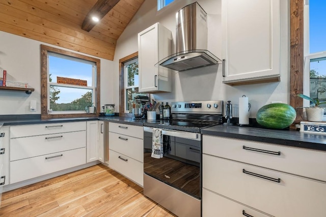 kitchen featuring lofted ceiling, wall chimney exhaust hood, wood ceiling, stainless steel electric range, and white cabinetry