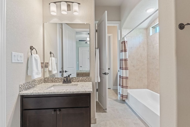 101 Dakota Dr, Georgetown, TX 78633 - bathroom with vanity, shower / tub combo with curtain, and a ceiling fan