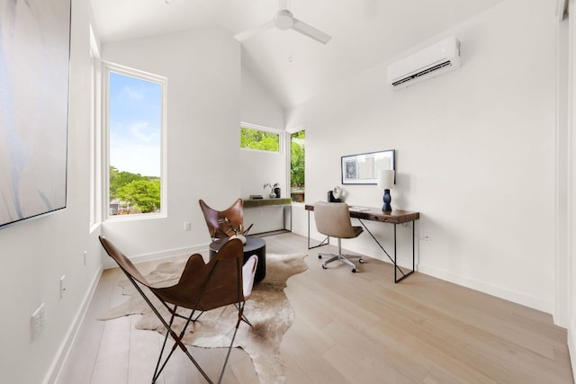 home office with a healthy amount of sunlight, baseboards, ceiling fan, and an AC wall unit