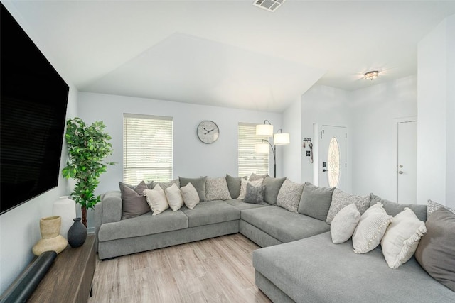 129 Aguilar Dr, Hutto, TX 78634 - living room with light wood-style floors and lofted ceiling