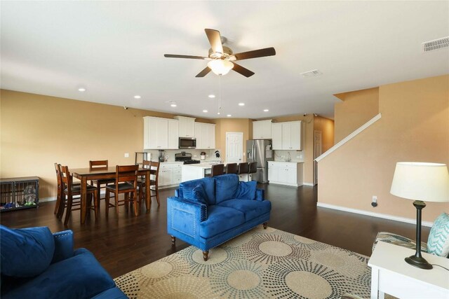 345 Coba St, Leander, TX 78641 - living room with dark wood-style flooring, ceiling fan, and recessed lighting